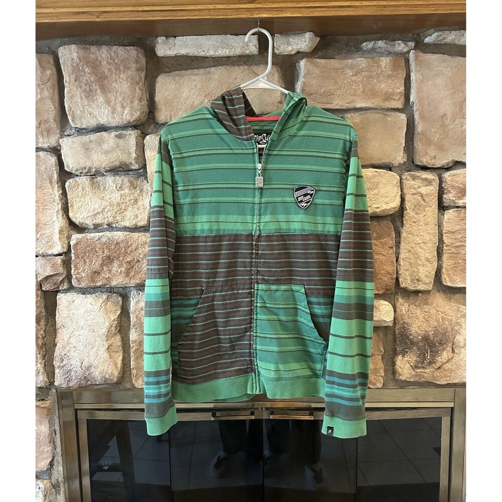 VTG Rip Curl Striped Green Brown Hoodie Y2K Skate Surf Distressed Zip Up Mens M